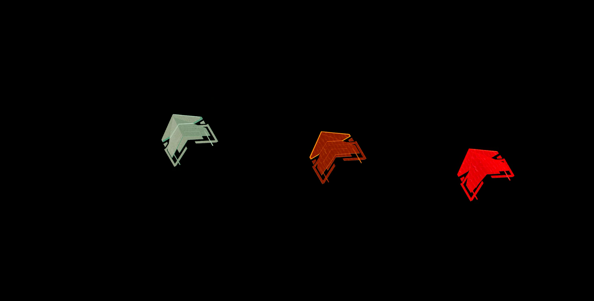 shrezee datamine: three Rocket Racing boost pad chevron variants (mint/teal, orange, and red) on a black background