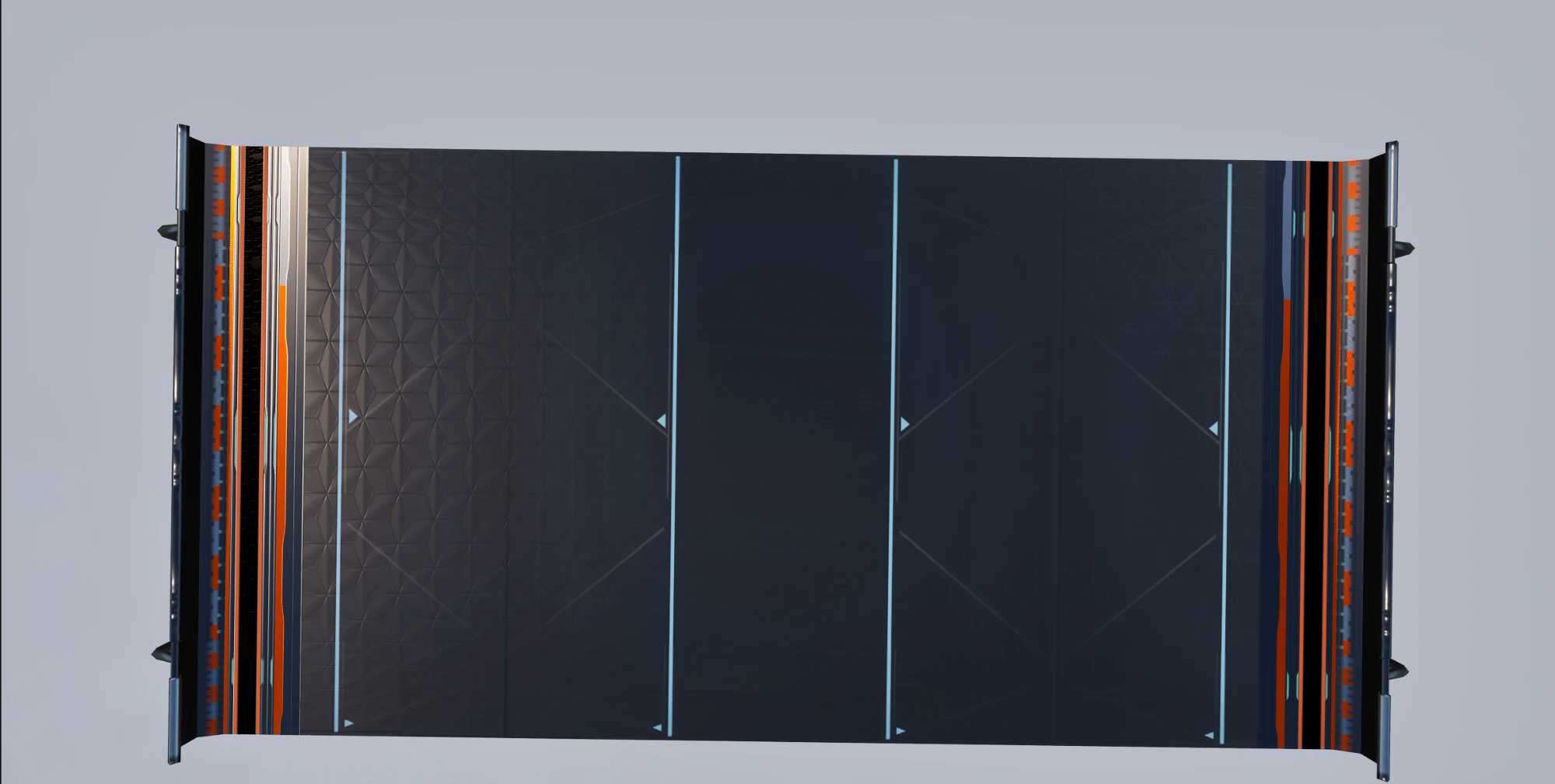 shrezee datamine: a Season 3 Rocket Racing track in its basic state, a dark faceted surface with cyan chevron lane markers and orange side rails