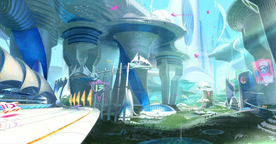 Emroca concept art: the Jetsons inspired sky city built for Rocket Racing's cancelled Season 3