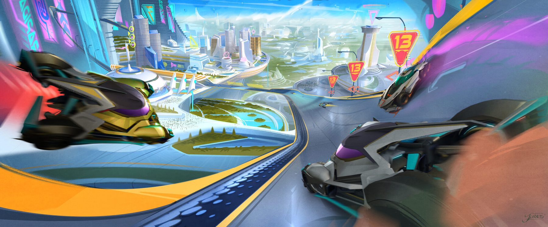 Racing action: a car boosting along the elevated ribbon through the bright city past the "13" gate