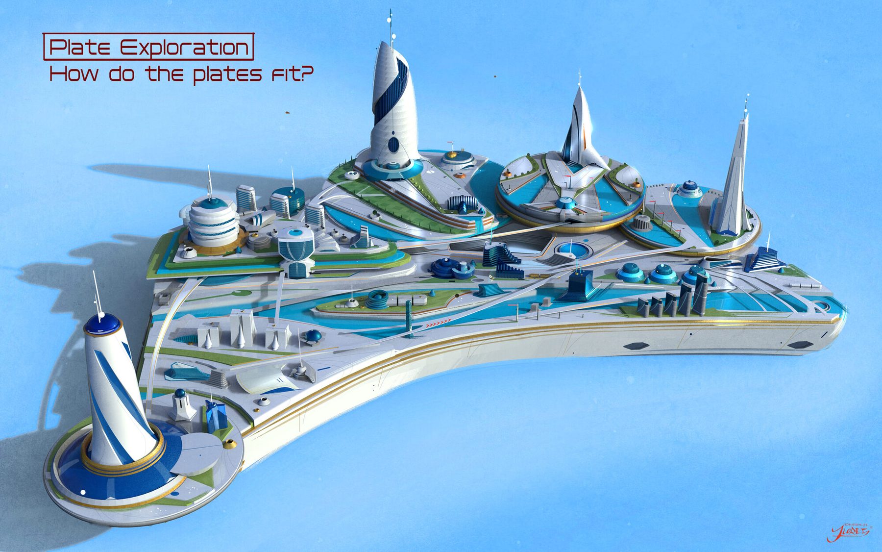 Plate Exploration, "how do the plates fit": the modular island plates the world is assembled from, dressed with towers and buildings