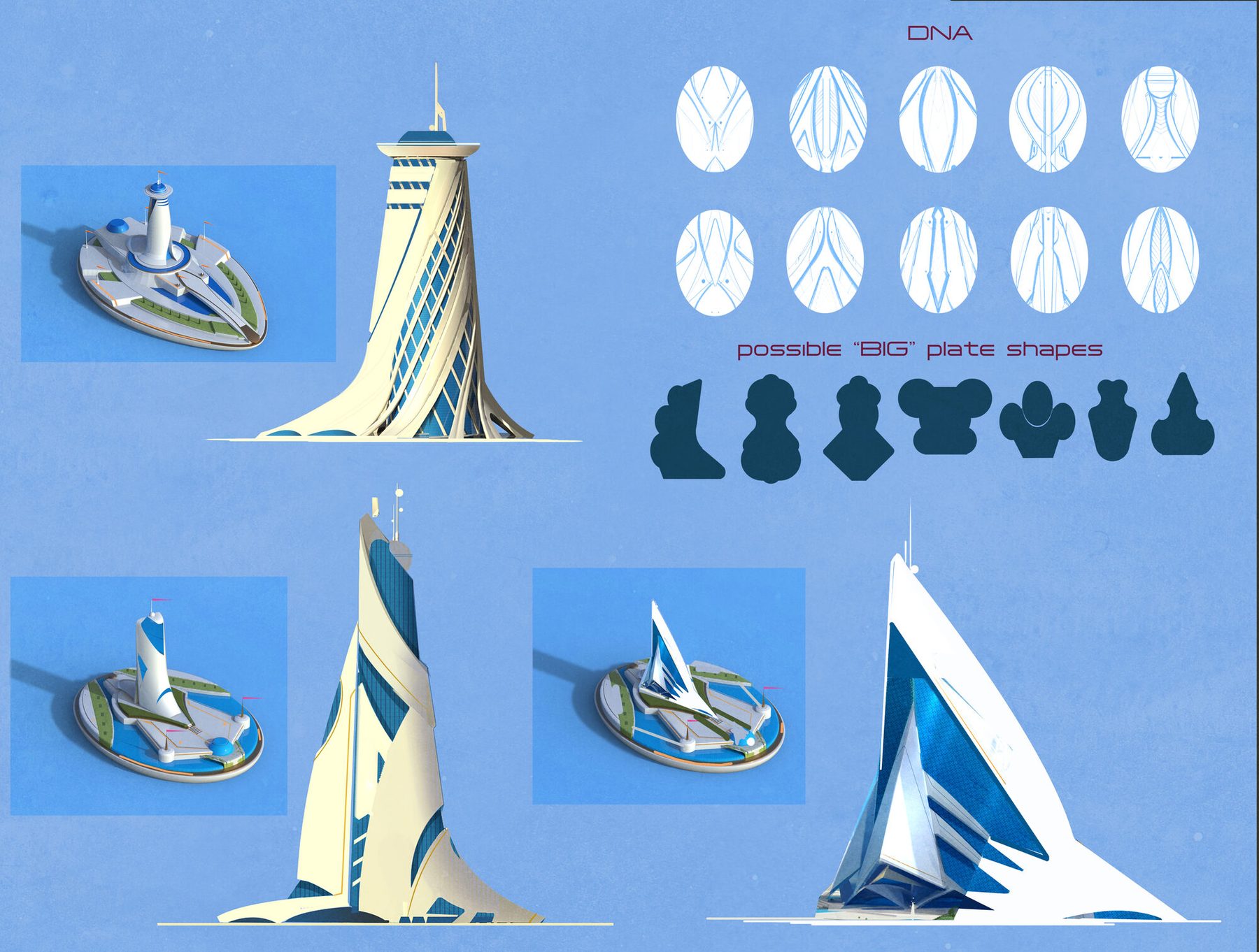 DNA: the shape language of the towers and the possible "BIG" plate shapes, the reusable silhouettes that define the world