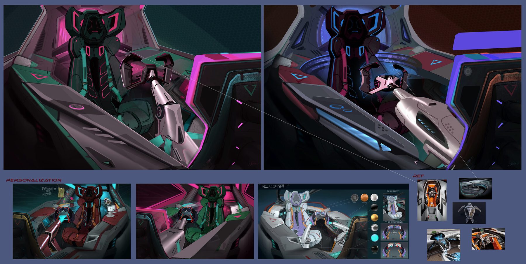 Cockpit and mascot studies: a character seated in an open racer cockpit, with blockout thumbnails
