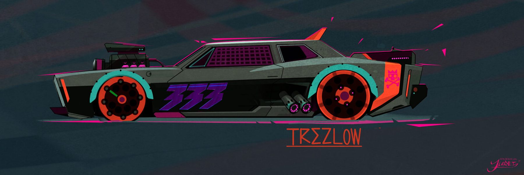 Trezlow: a low, wide muscle car racer in teal and red