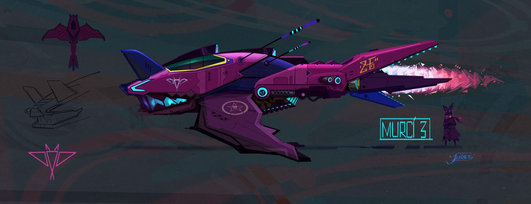 A magenta manta ray flying craft with its rider