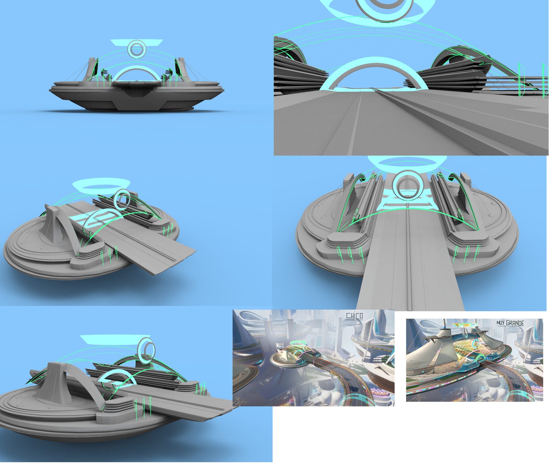 ZBrush blockout studies of a racer pod from several angles on the track