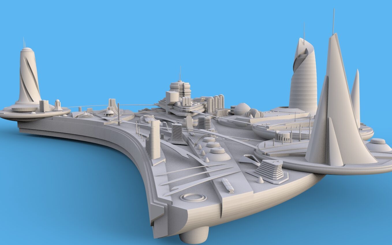 A white sail form structure blockout rising over the circuit