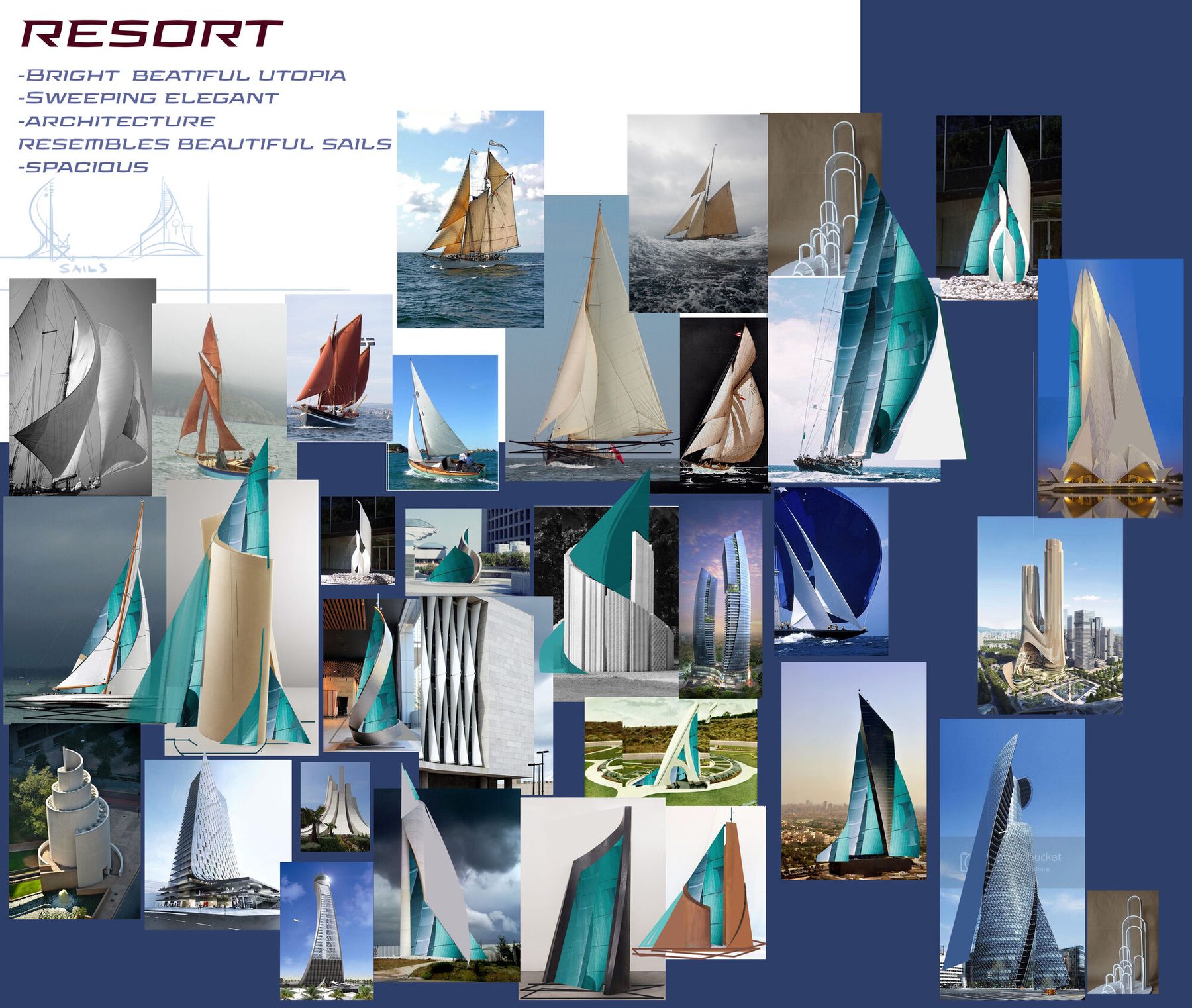 The Resort district board: bright beautiful utopia, sweeping elegant architecture that resembles sails, spacious, set against real world sail architecture reference