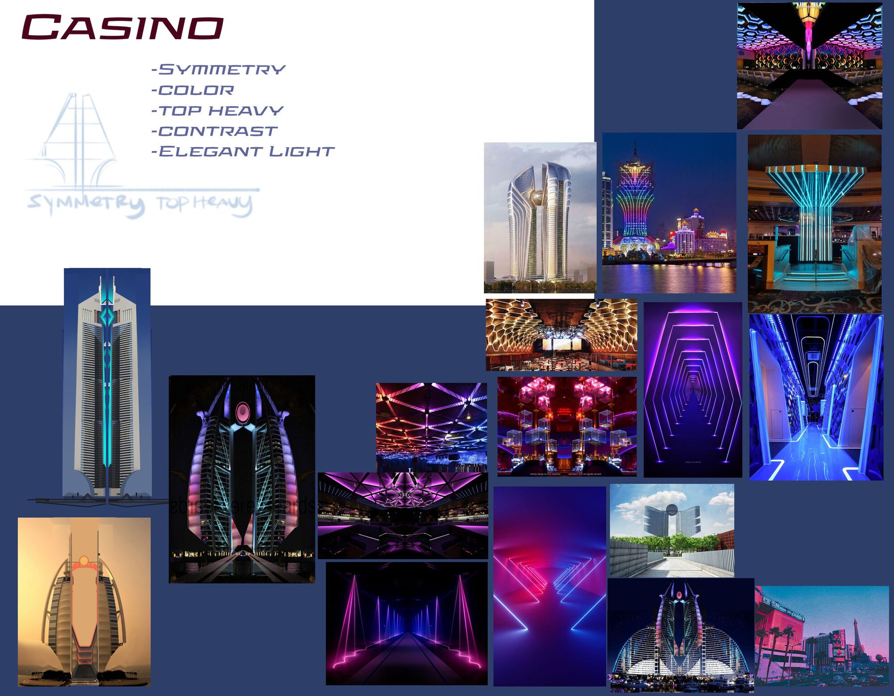 The Casino district board: symmetry, color, top heavy, contrast, elegant light, set against neon casino reference