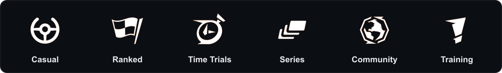 The playlist mode icons from the Rocket Racing track select interface: Casual, Ranked, Time Trials, Series, Community, and Training