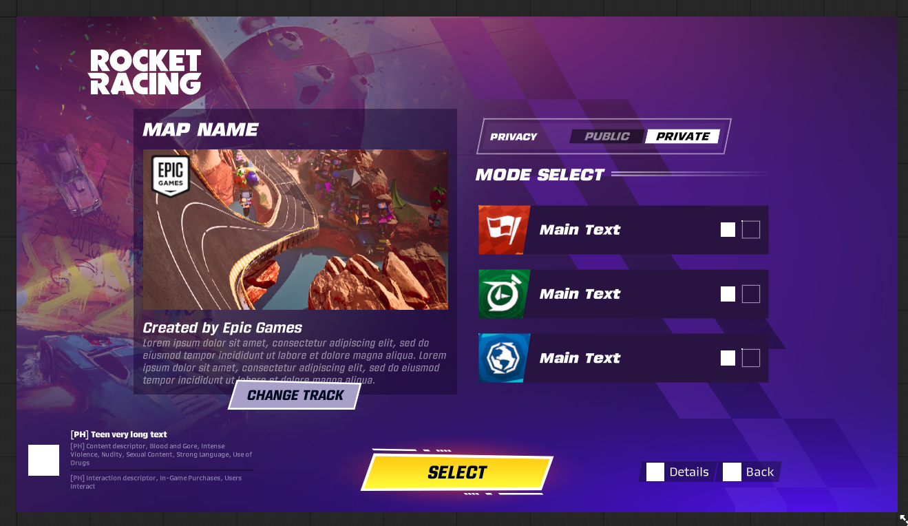 Firsthand raw capture of the unfinished Track Select V2 lobby redesign, pulled from the game files